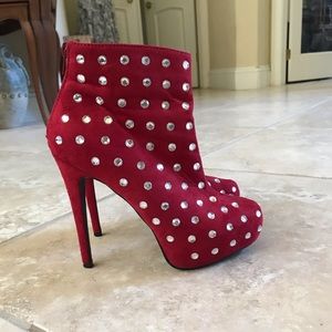 Red suede like faux crystal studded ankle boots